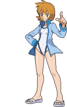 Rule 34 | 1girl, breasts, competition swimsuit, full body, green background, green eyes, grin, hand on own hip, jacket, misty (pokemon), nintendo, one-piece swimsuit, open clothes, open jacket, orange hair, pixel art, pointing, pokemon, pokemon gsc, pokemon hgss, sandals, short hair, simple background, smile, solo, standing, swimsuit, swimsuit under clothes, white one-piece swimsuit
