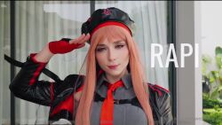 1girl :>= ahegao animated ass ass_shake audible_speech beret black_footwear black_hat boots bottomless breasts cosplay drooling english_audio fellatio fingerless_gloves gloves goddess_of_victory:_nikke hat hetero long_hair necktie oral orange_hair photo_(medium) pussy rapi_(nikke) rapi_(nikke)_(cosplay) rapi_(red_hood)_(nikke) real_life red_eyes saliva salute sex sex_from_behind sound source_request sweetie_fox tagme thigh_boots tongue tongue_out vaginal video