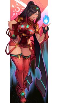 1girl black_hair blue_fire boots breasts chest_jewel commentary_request commission core_crystal_(xenoblade) cosplay covered_navel crow_(gravity_daze) fingerless_gloves fire full_body gem gloves gravity_daze hair_over_one_eye hand_on_own_hip high_ponytail highres impossible_clothes large_breasts long_hair looking_at_viewer multicolored_hair neon_trim ponytail pyra_(xenoblade) pyra_(xenoblade)_(cosplay) r123 red_boots red_hair red_shorts red_thighhighs short_shorts shorts skeb_commission skindentation solo thighhighs tiara two-tone_hair xenoblade_chronicles_(series) xenoblade_chronicles_2