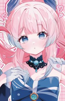 1girl blue_bow blue_eyes blue_hair blunt_bangs blush bow detached_collar genshin_impact geumxxi gloves gradient_hair grid_background hashtag-only_commentary heart highres long_hair looking_at_viewer multicolored_hair pink_background pink_hair sangonomiya_kokomi solo upper_body vision_(genshin_impact) white_gloves