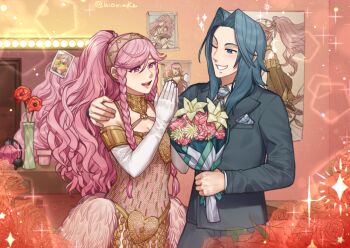 1boy 1girl alternate_costume arm_around_shoulder blue_hair bouquet breasts cleavage commission contemporary couple dancer elbow_gloves fire_emblem fire_emblem_awakening fire_emblem_heroes flower gloves grin hand_on_another&#039;s_shoulder hetero holding holding_bouquet long_hair medium_breasts mirror nintendo official_alternate_costume olivia_(festival_dancer)_(fire_emblem) olivia_(fire_emblem) olivia_(sky-high_dancer)_(fire_emblem) own_hands_together palms_together photo_(object) pink_hair ponytail shg_(hiomaika) smile sparkle upper_body very_long_hair virion_(fire_emblem)