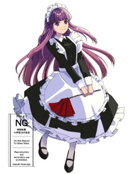 Rule 34 | 1girl, apron, artist name, black dress, black shoes, blunt bangs, breasts, collared dress, commentary request, dated, dress, fern (sousou no frieren), full body, half updo, kizuka2020, long hair, maid, maid apron, maid headdress, medium breasts, pantyhose, purple eyes, purple hair, shoes, sidelocks, solo, sousou no frieren, v arms, white apron, white background, white pantyhose