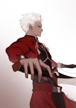 1boy absurdres archer_(fate) black_bodysuit bodysuit bow chinese_commentary commentary dark-skinned_male dark_skin dated dual_wielding electricity fate/stay_night fate_(series) from_side gradient_background highres holding holding_sword holding_weapon kanshou_&amp;_bakuya_(fate) male_focus profile qian. red_bow short_hair signature simple_background solo sword tassel upper_body weapon white_background white_hair yin_yang