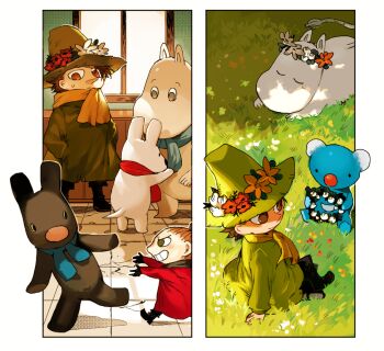 1girl 2boys black_footwear black_gloves black_pants blue_scarf boots brown_coat brown_eyes brown_hair brown_hat chasing closed_mouth coat commentary_request crossover day dog field frown gaspard_(gaspard_and_lisa) genre_connection gloves grass grin hat head_wreath indoors koala lisa_(gaspard_and_lisa) little_my long_sleeves moomin moomintroll multiple_boys multiple_views newo_(shinra-p) on_grass orange_hair pants penelope_(penelope_(picture_book)) penelope_(picture_book) playing red_coat scarf short_hair sitting sleeping small_sweatdrop smile snufkin tall_hat the_misadventures_of_gaspard_and_lisa tile_floor tiles v-shaped_eyebrows window yellow_scarf