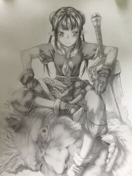 1girl animal_print boots braid breasts bun_cover commentary_request frown gloves graphite_(medium) greyscale hama_(hammar) headband leopard_print low_twin_braids medium_breasts monochrome neckerchief original pants photo_(medium) pointy_ears severed_head sidelocks sitting sword torn_sleeve traditional_media twin_braids weapon