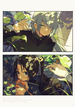 Rule 34 | 2boys, absurdres, backpack, bag, black bag, black hair, black jacket, blue eyes, blue jacket, blush, border, bush, closed mouth, commentary request, curtained hair, dappled sunlight, day, flower, flower wreath, fubuki (nige jouzu no wakagimi), gakuran, grass, grey hair, hair over one eye, high collar, highres, houjou tokiyuki (nige jouzu no wakagimi), hunched over, jacket, leaf, light particles, light rays, long hair, long sleeves, looking at viewer, looking up, low ponytail, male focus, motoyui, multiple boys, nige jouzu no wakagimi, one eye covered, orange flower, outdoors, parted bangs, parted lips, ponytail, purple eyes, raised eyebrows, randoseru, school uniform, sidelocks tied back, smile, split mouth, squatting, sunlight, thick eyebrows, tree, white border, wolf cut, xiao (creation0528)