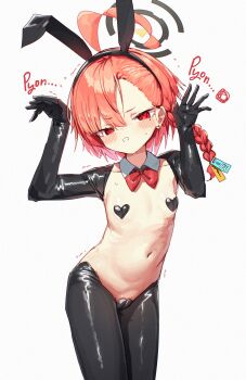 1girl absurdres ahoge alternate_costume animal_ears black_hiphighs black_shrug blue_archive blush braid cowboy_shot crotchless fake_animal_ears flat_chest frontless_outfit halo heart_maebari heart_pasties highres hiphighs latex latex_legwear latex_shrug liely loli looking_at_viewer maebari mole mole_under_eye neru_(blue_archive) pasties rabbit_ears rabbit_pose red_eyes revealing_clothes reverse_bunnysuit reverse_outfit short_hair shrug_(clothing) single_braid solo