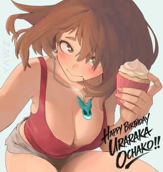 1girl absurdres artist_name blush boku_no_hero_academia breasts brown_eyes brown_hair character_name cleavage closed_mouth commentary cupcake english_commentary food from_above grey_shorts happy_birthday highres jewelry large_breasts looking_at_viewer medium_hair necklace pink_nails red_tank_top short_shorts shorts simple_background solo tank_top uraraka_ochako white_background yawz