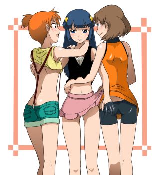 3girls :d alternate_color alternate_costume ass back bare_shoulders bike_shorts black_dress blue_eyes blue_hair blunt_bangs blush breasts brown_hair butt_crack closed_mouth clothes_lift collared_shirt crop_top crop_top_overhang cropped_legs dawn_(pokemon) denim denim_shorts dress dress_lift eye_contact female_focus fff_threesome bad_tag girl_sandwich grabbing_another's_ass groping group_sex gym_leader hand_under_clothes highres impossible_clothes long_hair looking_at_another may_(pokemon) may_(pokemon_emerald) medium_breasts midriff miniskirt misty_(pokemon) multigrope multiple_girls naughty_face navel nintendo no_bra no_headwear open_mouth orange_hair orange_shirt pink_skirt pokemon pokemon_(anime) pokemon_dppt pokemon_rgby pokemon_rse ponytail revealing_clothes sandwiched shiny_clothes shiny_skin shirt shirt_lift short_dress short_hair short_ponytail short_shorts shorts side_ponytail skirt skirt_lift sleeveless sleeveless_dress sleeveless_shirt smile spandex standing suspenders takaya_n tank_top thigh_gap thighs threesome underboob wide_ponytail yellow_shirt yuri