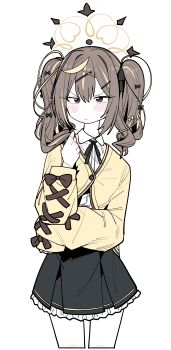 1girl absurdres black_ribbon black_skirt blonde_hair blue_archive blush bow brown_eyes brown_hair cardigan collared_shirt commentary cropped_legs cross-laced_clothes cross-laced_sleeves frown hair_between_eyes hair_bow hair_ornament hairclip halo highres long_hair long_sleeves looking_at_viewer medium_hair multicolored_hair neck_ribbon playing_with_own_hair rena_(blue_archive) ribbon shirt sidelocks simple_background skirt solo standing streaked_hair symbol-only_commentary twintails v-shaped_eyebrows white_background white_shirt wujurana yellow_cardigan