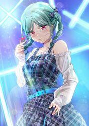 Rule 34 | 1girl, arm warmers, bare shoulders, belt, blue background, blue belt, blush, bow, braid, commentary request, dress, frontrivers kae, green hair, hair bow, heart, highres, jellyfish (love live!), jewelry, light particles, light rays, looking at viewer, love live!, love live! superstar!!, medium hair, necklace, onitsuka tomari, pearl necklace, plaid, plaid bow, plaid dress, red eyes, smile, solo, twin braids, twintails