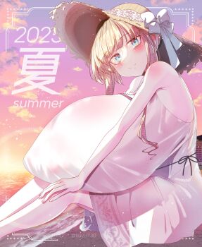 1girl 2025 beach blonde_hair blue_eyes blush breast_rest breasts breasts_on_lap brown_hat cloud day dress english_text female_focus gigantic_breasts hat head_tilt japanese_text jewelry kuyu730 looking_at_viewer necklace ocean original outdoors pale_skin pearl_necklace ribbon sand shiny_skin sidelocks sitting sky smile solo straw_hat sunset thick_thighs thighs water white_dress white_ribbon