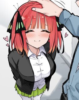1girl black_jacket blush breasts butterfly_hair_ornament closed_eyes closed_mouth collared_shirt commentary_request from_above go-toubun_no_hanayome green_skirt hair_ornament headpat heart highres jacket large_breasts loving_aura mame1645 nakano_nino pleated_skirt red_hair school_uniform shirt short_hair skirt smile solo_focus thighhighs two_side_up white_shirt white_thighhighs