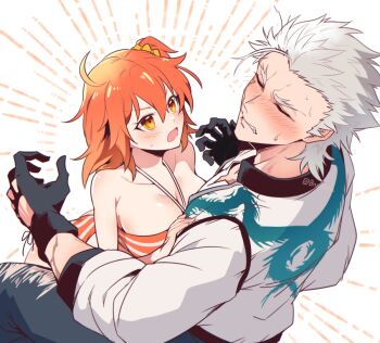 0nodera 1boy 1girl ahoge bikini black_gloves blush breasts cleavage closed_eyes commentary_request emphasis_lines fate/grand_order fate_(series) forked_eyebrows fujimaru_ritsuka_(female) fujimaru_ritsuka_(female)_(brilliant_summer) gloves grimace hetero jacket large_breasts nagakura_shinpachi_(fate) one_side_up open_mouth orange_hair partial_commentary striped_bikini striped_clothes swimsuit white_background white_jacket