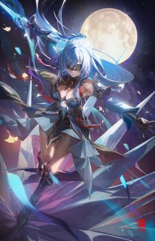 1girl artist_name bare_shoulders black_gloves blindfold blue_dress breasts chinese_clothes closed_mouth commentary commission covered_eyes daniel_deng detached_sleeves dress english_commentary full_moon gloves hair_between_eyes high_ponytail highres honkai:_star_rail honkai_(series) jingliu_(honkai:_star_rail) long_hair mixed-language_commentary moon ponytail star_(sky) sword thighs weapon