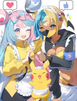 2girls animated apron aqua_hair armband bandeau black_mask black_shrug blonde_hair blue_eyes blue_hair blush bow-shaped_hair breasts canari_(pokemon) character_hair_ornament cleavage closed_eyes coletta_(colet_colettia) commentary_request dark-skinned_female dark_skin fake_hair_bun gen_1_pokemon hair_ornament heart heart_hands highres iono_(pokemon) jacket jersey_maid large_breasts long_hair long_sleeves looking_at_viewer maid maid_apron maid_headdress mask mouth_mask multicolored_hair multiple_girls navel nintendo one_eye_closed open_mouth pikachu pink_hair pokemon pokemon_legends:_z-a pokemon_sv sharp_teeth short_twintails shrug_(clothing) smile sparkle speech_bubble split-color_hair spoken_heart spoken_thumbs_up sports_bra teeth thumbs_up twintails two-tone_hair two-tone_mask ugoira unconventional_maid video yellow_bandeau yellow_jacket yellow_mask yellow_sports_bra