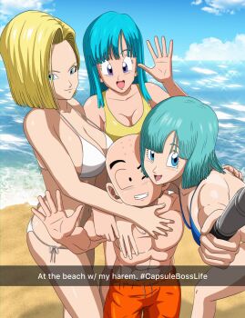 Rule 34 | 1boy, 3girls, absurdres, android 18, bald, bald male, beach, black eyes, blonde hair, blue eyes, blue hair, breast rest, breasts, breasts on head, bulma, cleavage, couple, dragon ball, english text, happy, highres, hug, husband and wife, kuririn, maron (dragon ball), multiple girls, muscular, muscular male, ocean, popblackcherry, sand, smile, swimsuit