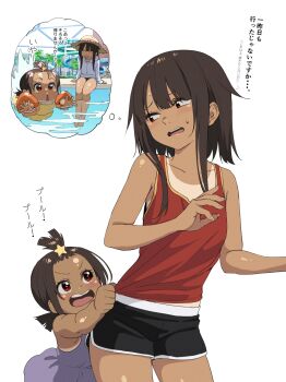 2girls alternate_costume bare_arms bare_shoulders black_shorts blush brown_hair collarbone commentary_request d: highres izawa_(bhive003) komekko kono_subarashii_sekai_ni_shukufuku_wo! megumin multiple_girls open_mouth paid_reward_available red_shirt shirt short_hair shorts siblings simple_background sisters sitting speech_bubble sweatdrop swimming tan teeth thought_bubble tongue translated upper_teeth_only water white_background