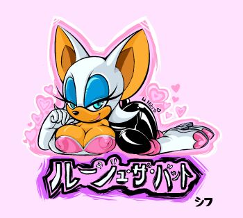 1girl blue_eyes boots breasts cleavage eyeshadow high_heel_boots high_heels highres looking_at_viewer makeup rouge_the_bat sif sonic_(series) translated