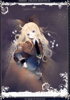 1girl absurdres anniversary artbook black_border black_necktie blonde_hair blue_dress border bow brown_bow brown_cloak buttons cloak closed_mouth collar collared_dress colored_eyelashes cowboy_shot curly_hair dress english_text expressionless floating_clothes floating_hair flourish_(design) gradient_bow grey_background hair_bow happy_anniversary head_tilt highres large_bow leaf light_blush light_particles long_hair long_sleeves looking_at_viewer middle_part mixed-language_text necktie ooki_bonta ornate_border pale_skin parted_bangs purple_eyes sakuraba_tamaki scan simple_background solo star_(symbol) third-party_source two-tone_border two-tone_bow white_border white_collar wing_collar yuugen-gaisha_cobolt_shiritsu_tanteisha