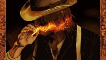 Rule 34 | 1boy, arm up, black jacket, brown hair, cigarette, cochinays, collared shirt, commentary, cowboy, cowboy hat, english commentary, hat, highres, holding, holding cigarette, jacket, john marston, lapels, male focus, notched lapels, open collar, pillarboxed, red dead redemption (series), red dead redemption 2, shirt, smoke, smoking, solo, upper body, western, white hat