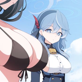 2girls ako_(blue_archive) bikini black_hair blue_archive blue_eyes blue_hair breasts choker earrings expressionless game_cg hair_between_eyes halo hasumi_(blue_archive) jealous jewelry large_breasts looking_at_breasts multiple_girls non-web_source official_art outdoors swimsuit
