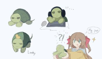 !? 1girl :d :| animal bags_under_eyes blank_eyes blue_eyes blue_sailor_collar blush_stickers brown_hair cardigan closed_mouth computer_keyboard computer_mouse double-parted_bangs e_douraze english_text furrowed_brow grey_eyes hair_between_eyes hair_ornament hair_ribbon headphones heart heart_hair_ornament highres holding holding_animal long_hair long_sleeves looking_at_viewer multiple_views neuro-sama object_on_head off-shoulder_cardigan open_mouth pink_ribbon ribbon rubber_duck sailor_collar school_uniform serafuku simple_background single_blush_sticker smile sparkle speech_bubble surprised turtle two_side_up v-shaped_eyebrows vedal987 vedal_ai white_background yellow_cardigan