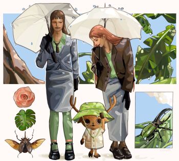 1boy 2girls alternate_costume bent_over black_eyes black_gloves black_hair black_shoes blazer blue_jacket blunt_bangs border brown_jacket bucket_hat bug collage collage_background collared_shirt flower gloves green_pantyhose green_shirt hand_on_own_thigh hat highres holding holding_umbrella jacket leaf loafers long_skirt looking_at_another looking_down mary_janes multiple_girls nami_(one_piece) nico_robin one_piece open_clothes open_jacket orange_hair outside_border oversized_jacket pantyhose pencil_skirt pink_flower pink_rose rabu99 rain raincoat rose shirt shoes skirt standing tan tony_tony_chopper tree umbrella white_border white_umbrella