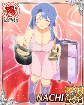 1girl blue_hair boots breasts burnt burnt_food cleavage closed_eyes dress game_cg holding holding_money large_breasts long_hair money nachi_(senran_kagura) non-web_source official_alternate_costume official_art open_mouth pink_dress purple_boots senran_kagura senran_kagura_new_wave smile solo suitcase