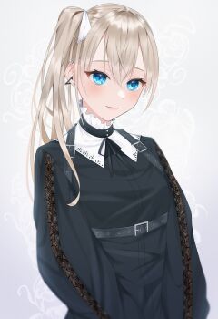 1girl belt belt_buckle black_belt black_choker black_ribbon black_shirt blonde_hair blue_eyes blurry buckle choker closed_mouth commentary depth_of_field ear_piercing earrings floral_background grey_background hair_between_eyes hair_tie harness highres jewelry lace_trim light_blush long_hair long_sleeves neck_ribbon original piercing ribbon sailor_collar shirt side_ponytail solo symbol-only_commentary upper_body wanko_(yurika0320) white_sailor_collar