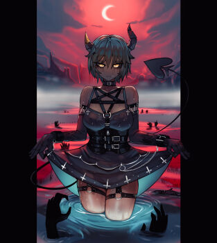 1girl arm_belt asymmetrical_horns belt belt_buckle black_choker black_dress black_eyeliner black_eyeshadow black_gloves black_horns black_tail breasts buckle choker cloud cloudy_sky commentary crescent_moon dark-skinned_female dark_skin demon_girl demon_horns demon_tail dress ehrrr elbow_gloves english_commentary eyeliner eyeshadow fish_skeleton gloves glowing glowing_eyes goth_fashion highres horns looking_at_viewer makeup mascara medium_breasts moon multiple_belts original outdoors red_sky runny_makeup segmented_horns short_hair skirt_hold sky sleeveless sleeveless_dress solo tail thigh_belt thigh_strap water wet wet_clothes wet_dress white_hair wrist_belt yellow_eyes