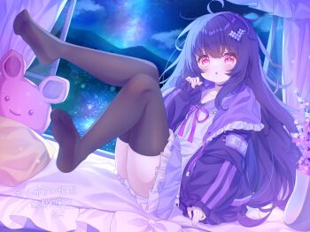 1girl :o ahoge animal-shaped_pillow arm_at_side artist_name ass bed_sheet black_thighhighs blue_hair blue_ribbon blue_sailor_collar blush chinese_commentary cloud commentary_request commission commissioner_name curled_fingers dot_nose drawstring dress dutch_angle feet flat_chest frilled_dress frilled_jacket frilled_sailor_collar frills from_side full_body hair_ornament hand_up heart heart_hair_ornament highres hood hood_down hooded_jacket indoors jacket knees_up legs legs_up light_particles long_hair long_sidelocks looking_at_viewer making-of_available mountainous_horizon neck_ribbon night no_shoes open_clothes open_jacket open_window original oversized_jacket parted_lips pillow pink_eyes pink_pupils plant ribbon sailor_collar sailor_dress short_dress sidelocks signature sitting sleeves_past_wrists soles solo sparkling_eyes star_(sky) thank_you thighhighs unkempt variant_set vase very_long_hair white_dress window yottacc zettai_ryouiki