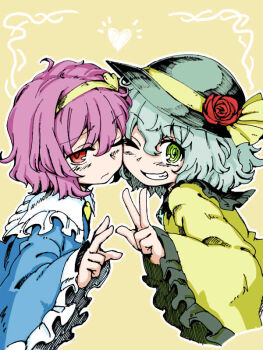2girls blue_shirt buttons cheek-to-cheek closed_mouth collared_shirt commentary diamond_button flower frilled_shirt_collar frilled_sleeves frills green_eyes green_hair grin hair_ornament hairband hat hat_flower heads_together heart heart_button heart_hair_ornament komeiji_koishi komeiji_satori long_sleeves looking_at_viewer medium_hair multiple_girls one_eye_closed oninamako pink_hair red_eyes red_flower red_rose rose shirt simple_background smile touhou w wide_sleeves yellow_background yellow_hairband yellow_shirt