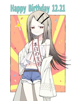 1girl belt birthday_sash black_belt blonde_hair blue_shorts blush border camisole closed_mouth commentary_request confetti cowboy_shot dated denim denim_shorts gakuen_idolmaster gradient_hair grey_hair grey_robe hair_ornament hairclip hand_on_own_hip happy_birthday highres idolmaster long_hair long_sleeves looking_at_viewer midriff multicolored_hair off_shoulder open_clothes open_robe orange_eyes outside_border parallel_hairclips parted_bangs robe rope_belt sabi1234 sash shinosawa_hiro shorts shoulder_sash smile solo sparkle split_mouth strap_slip sunburst sunburst_background white_border white_camisole wide_sleeves