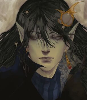 Rule 34 | 1boy, astelofvoid, black hair, black shirt, blue shirt, closed mouth, collared shirt, commentary, d (vampire hunter d), ear piercing, earrings, english commentary, grey eyes, hair between eyes, highres, jewelry, long hair, long pointy ears, looking to the side, male focus, patterned clothing, piercing, pointy ears, popped collar, portrait, shirt, sideways glance, solo, vampire hunter d