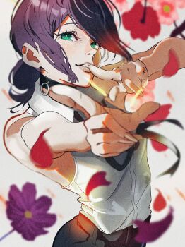 1girl black_choker black_ribbon black_shorts chainsaw_man choker davoxime flower green_eyes grenade_pin hair_bun highres index_finger_raised neck_ribbon purple_flower purple_hair red_flower reze_(chainsaw_man) ribbon shirt shirt_tucked_in shorts sleeveless sleeveless_shirt solo white_shirt