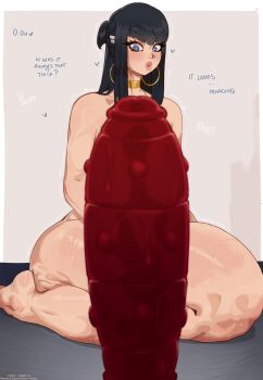 1girl absurdres alternate_costume artist_name bad_tag black_hair blue_eyes breasts dildo earrings english_text gold_choker highres hoop_earrings jewelry kill_la_kill kiryuuin_satsuki liuskin long_hair navel sex_toy sitting solo thick_thighs thighs