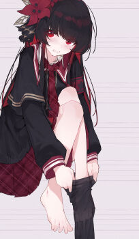 1girl black_hair black_pantyhose black_shirt blush chinese_commentary colored_inner_hair commentary_request flower hair_flower hair_ornament highres long_hair mahou_shoujo_no_majo_saiban multicolored_hair necktie nikaido_hiro open_mouth pantyhose plaid_clothes plaid_skirt pleated_skirt putting_on_legwear red_eyes red_hair red_necktie red_skirt shirt skirt solo sweat unmoving_pattern yun_cao_bing