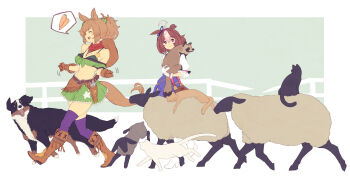 2girls :d ^_^ ahoge animal animal_ears baby_animal bare_shoulders black_cat blue_dress blush boots breasts brown_footwear brown_gloves brown_hair brown_headwear carrot cat cleavage closed_eyes commentary_request cowboy_hat dog dress gloves green_skirt gun hair_between_eyes hair_ornament handgun hat hat_on_back high_heels highres holding holding_animal holstered horse_ears horse_girl horse_tail lamb medium_breasts meisho_doto_(umamusume) multicolored_hair multiple_girls navel open_mouth ponytail puffy_short_sleeves puffy_sleeves purple_eyes purple_legwear raccoon revolver sheep shimotsuki_eight shirt shoes short_sleeves skirt smile spoken_food star_(symbol) star_hair_ornament taiki_shuttle_(umamusume) tail thighhighs thighhighs_under_boots two-tone_hair umamusume walking weapon white_cat white_footwear white_hair white_shirt
