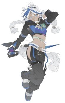 1girl a_syn_c animal_ears arclight_(arknights) arknights arknights:_endfield belt black_pants blue_eyes blue_hair braid breasts closed_mouth clothing_cutout copyright_name dark-skinned_female dark_skin earrings extra_ears full_body gloves highres hip_vent holding holding_weapon jewelry long_hair long_sleeves low_twin_braids medium_breasts midriff multicolored_hair navel pants side_braids simple_background single_glove solo sparkle twin_braids twitter_username weapon white_background white_hair zipper