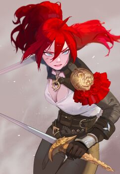 Rule 34 | 1girl, absurdres, aqua eyes, armor, belt, blurry, breasts, brown gloves, cleavage, commentary, depth of field, dirty, dirty face, dual wielding, english commentary, fighting stance, gloves, hair between eyes, highres, holding, holding sword, holding weapon, long hair, long sleeves, medium breasts, ori dal, original, parted lips, pauldrons, ponytail, red hair, serious, shoulder armor, simple background, single pauldron, solo, sword, weapon