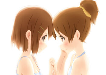 2girls blush brown_eyes brown_hair dress errant eye_contact hair_ornament hair_ribbon hairclip hirasawa_ui hirasawa_yui holding_hands incest k-on! looking_at_another multiple_girls ponytail profile ribbon short_hair siblings simple_background sisters smile white_background white_dress yuri