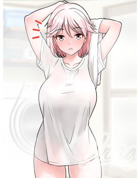 1girl after_bathing alternate_costume arms_behind_head arms_up breasts furaggu_(frag_0416) giuseppe_garibaldi_(kancolle) highres holding holding_towel kantai_collection large_breasts looking_at_viewer pink_eyes pink_hair shirt short_sleeves solo standing t-shirt towel white_shirt