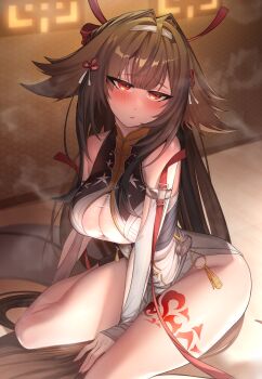 Rule 34 | 1girl, absurdres, animal ears, armlet, bare shoulders, blush, bracelet, breasts, brown hair, china dress, chinese clothes, commentary request, detached sleeves, dexazael, dress, hair intakes, hair ribbon, hairband, highres, jewelry, large breasts, leg tattoo, long hair, looking at viewer, pelvic curtain, red eyes, red ribbon, ribbon, see-through cleavage, see-through clothes, sidelocks, sitting, solo, tail, tattoo, thighs, white dress, ye shunguang, zenless zone zero