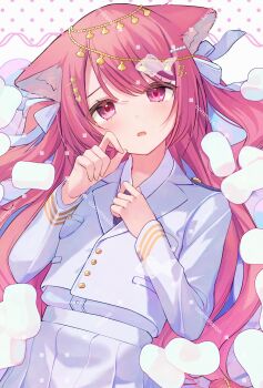 Rule 34 | 1girl, anchor hair ornament, animal ear fluff, animal ears, blush, cat ears, commission, fish, food, hair ornament, hair ribbon, hairclip, hand on own chest, heart, heart hair ornament, heart in eye, highres, jacket, long hair, long sleeves, looking at viewer, marshmallow, miyanome, open mouth, original, pink eyes, pink hair, ribbon, sample watermark, shell, shell hair ornament, shirt, skeb commission, skirt, solo, swept bangs, symbol in eye, tearing up, tears, two side up, upper body, very long hair, watermark, white jacket, white ribbon, white shirt, white skirt