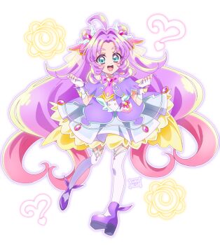 Rule 34 | 1girl, ?, ahoge, akechi anna, artist name, blue eyes, bow, bowtie, brooch, capelet, clenched hands, commentary, cure answer, cure nico, double bun, dress, earrings, fingerless gloves, gloves, gradient hair, hair bun, hair intakes, hair ornament, hanamaru, heart, heart brooch, highres, impossible hair, jewelry, long hair, looking at viewer, magical girl, medium dress, meitantei precure!, multicolored hair, open mouth, pact holder, pink hair, precure, purple bow, purple bowtie, purple capelet, purple dress, purple hair, purple shoes, shoes, signature, smile, solo, thighhighs, very long hair, white background, white gloves, white thighhighs, wing hair ornament