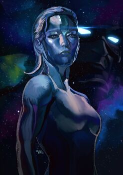 1boy 1girl armor breasts colored_skin fantastic_four galactus giant helmet highres horns long_hair looking_at_viewer marvel metal_skin silver_skin silver_surfer_(shalla-bal) sky solo_focus space star_(sky) surfboard the_fantastic_four:_first_steps uzuri_art