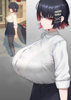 1girl absurdres alternate_breast_size_(larger) black_hair black_skirt bra_visible_through_clothes breasts button_gap closed_mouth colored_inner_hair ellen_joe ellen_joe_(on_campus) from_side grey_background highres huge_breasts looking_at_viewer mikage_77777 mole mole_under_eye multicolored_hair red_eyes reference_inset school_uniform see-through_clothes shirt short_hair skirt solo taut_clothes taut_shirt upper_body zenless_zone_zero