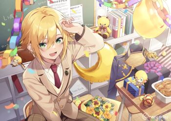 1boy :d arm_up balloon blazer blonde_hair blush book bouquet box brown_jacket brown_necktie brown_pants chair chalkboard classroom collared_shirt confetti cowboy_shot crescent crown desk flipped_hair flower from_above gift gift_box green_eyes hair_between_eyes highres jacket locker looking_at_viewer male_focus mini_crown necktie nijisanji nono_chitose on_chair open_mouth pants plaid_clothes plaid_pants school_chair school_desk school_emblem school_uniform shirt short_hair sidelocks sitting smile solo stuffed_animal stuffed_toy sweater_vest teddy_bear upturned_eyes uzuki_kou uzuki_kou_(3rd_costume) virtual_youtuber white_shirt yellow_sweater_vest