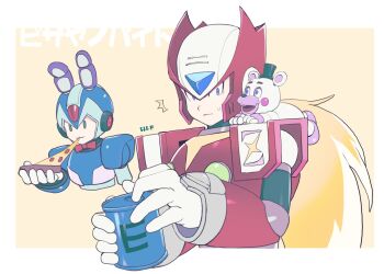 2boys armor blonde_hair blue_armor blue_eyes blue_helmet border character_request chest_jewel commentary_request energy_tank five_nights_at_freddy's food forehead_jewel green_eyes helmet highres long_hair male_focus mega_man_(series) mega_man_x_(series) multiple_boys olf_megaman pizza red_armor red_helmet simple_background solo_focus upper_body white_border x_(mega_man) yellow_background zero_(mega_man)